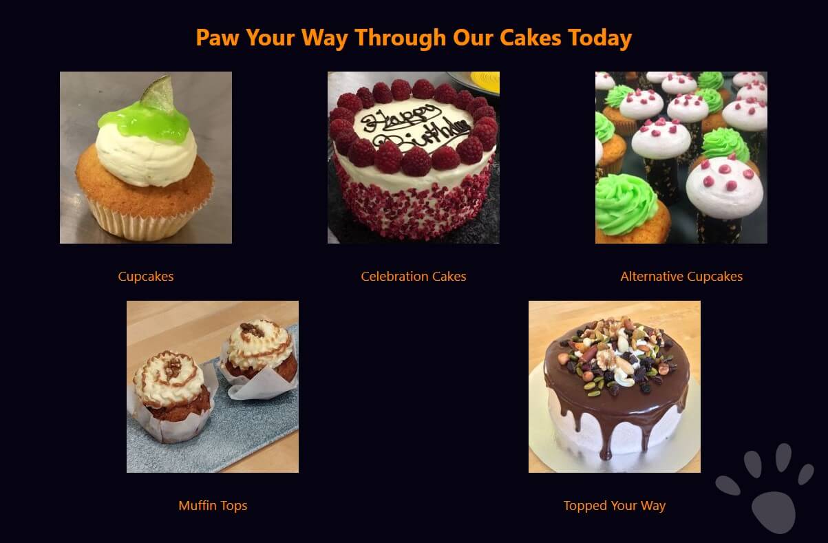 screenshot of cupcake cat bakery landing page section 3 card panel