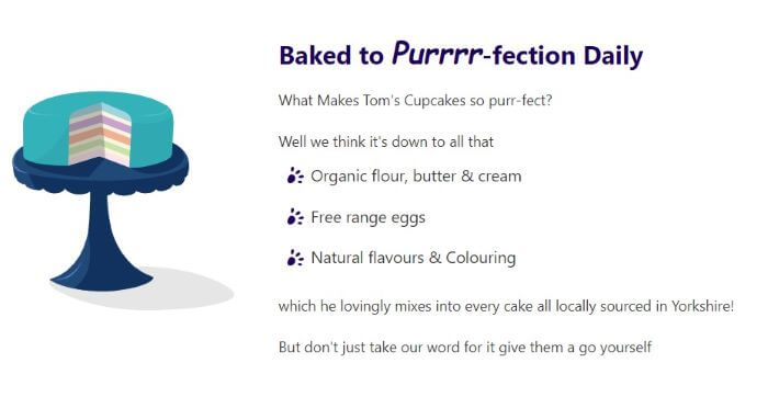 screenshot of cupcake cat bakery landing page section 2 intro text and image panel